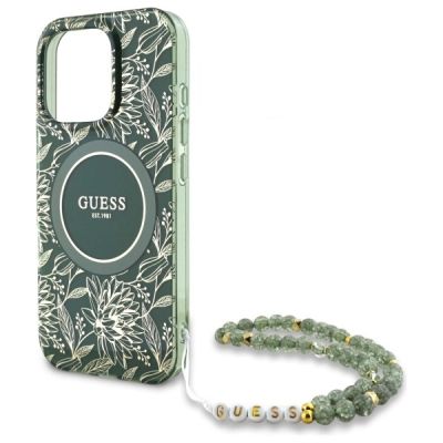 5. Etui Guess IML Flowers Allover Electro With Pearl Strap MagSafe na iPhone 16 Pro Max - zielone