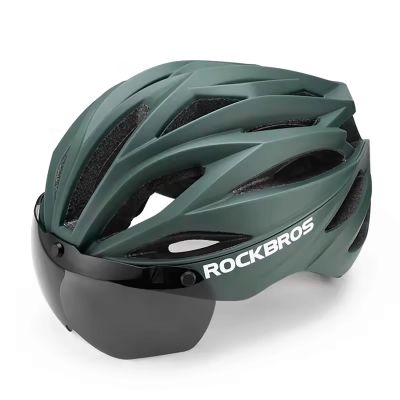Kask rowerowy Rockbros z szybką, odpinane okulary z ochroną UV, unisex - zielony