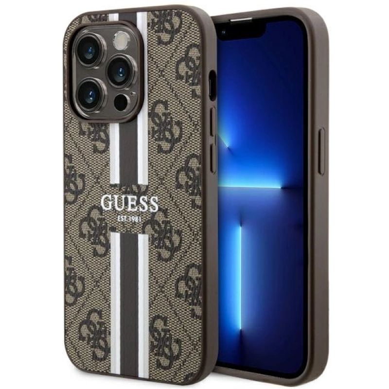 Etui Guess 4G Printed Stripes MagSafe na iPhone 14 Pro - brązowe