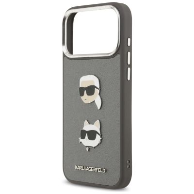 6. Etui Karl Lagerfeld FW Grained Karl & Choupette Heads Pins & Logo na iPhone 17 Pro Max - szare