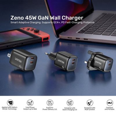 35. UNITEK ŁADOW. SIECIOWA 2X GAN 45W, 2XUSB-C PD 3.0, QC, CZARNA