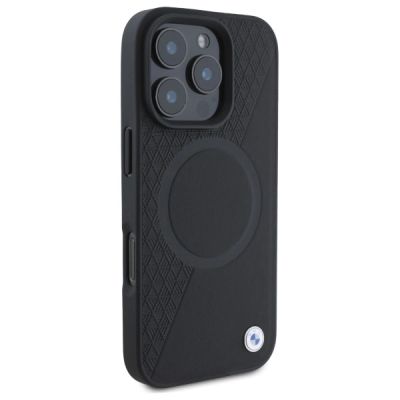 4. Etui BMW Sign Leather Half Textured And Circle MagSafe na iPhone 16 Pro Max - czarne