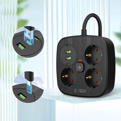 3. Listwa zasilająca Tech-Protect PCS3X4, 3 gniazda sieciowe, 2xUSB-A, 2xUSB-C 200 cm - czarna