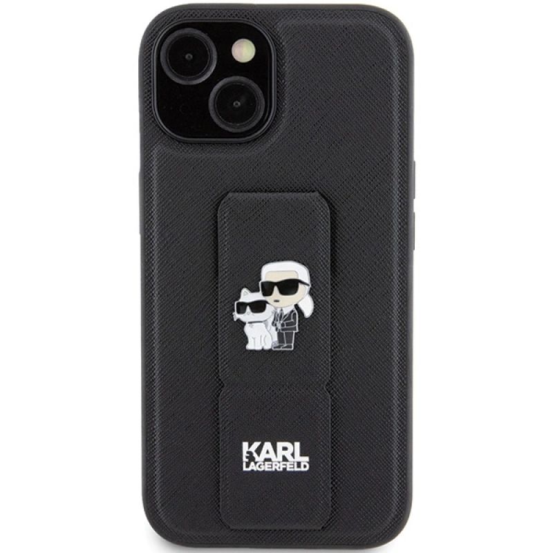 3. Etui Karl Lagerfeld Gripstand Saffiano Karl&Choupette Pins na iPhone 15 - czarne