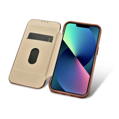 16. iCarer CE Oil Wax Premium Leather Folio Case skórzane etui iPhone 14 Plus z klapką magnetyczne MagSafe brązowy (AKI14220707-BN)