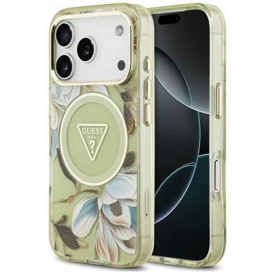 Etui Guess IML Glitter Flowers Triangle MagSafe na iPhone 18 Pro Max / 17 Pro Max - zielone