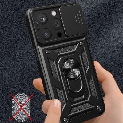 3. Pancerne etui z podstawką i osłoną aparatu do iPhone 15 Pro Hybrid Armor Camshield - niebieskie
