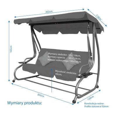 14. HUŚTAWKA OGRODOWO BALKONOWA KASIA 3 OSOBOWA SZARA