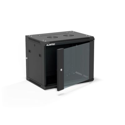 Szafa wisząca 19" 9U 600x450, (opcja dwusekcyjna) drzwi szklane jednoskrzydłowe, tył osłona pełna demontowalna, osłony boczne pełne demontowalne zamykane na klucz, 4 belki, kolor czarny, ALANTEC