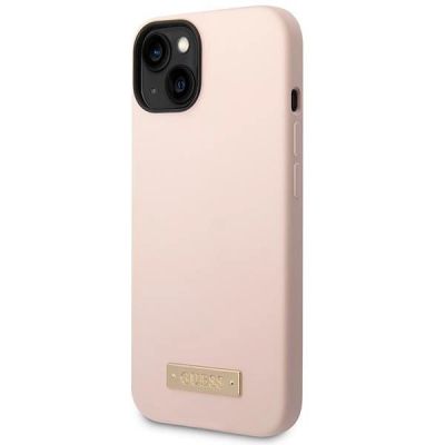 2. Etui Guess Silicone Logo Plate MagSafe na iPhone 13 / 14 / 15 - różowe