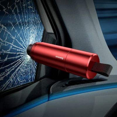 9. Młotek bezpieczeństwa Baseus SharpTool zbijak do szyb z nożem do cięcia pasów - czerwony