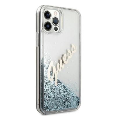 4. Etui Guess Glitter Vintage Script na iPhone 12 Pro Max - niebieskie