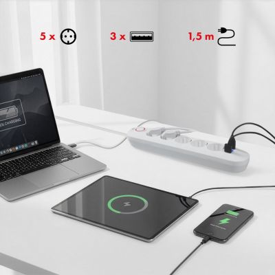 11. MACLEAN LISTWA ZASILAJĄCA PRZEDŁUŻACZ5 GNIAZD + 3XUSB, 110-240V AC 50/60HZ, 2.1A MAX 2500W, 1,5M, BIAŁA MCE395 W