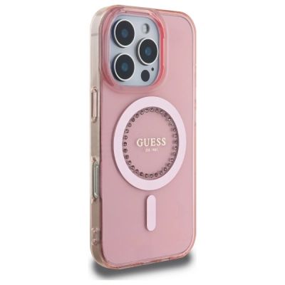 4. Etui Guess IML Rhinestones MagSafe na iPhone 16 Pro Max - różowe