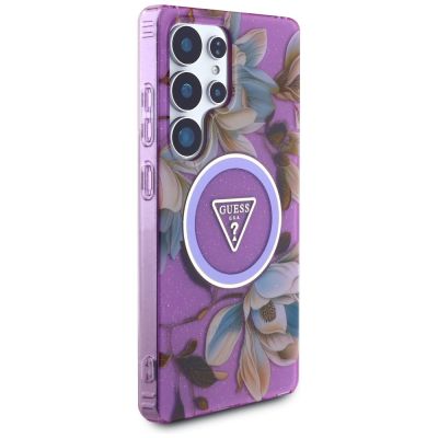 4. Etui Guess Glitter Flowers Triangle Buttons MagSafe na Samsung Galaxy S25 Ultra - fioletowe