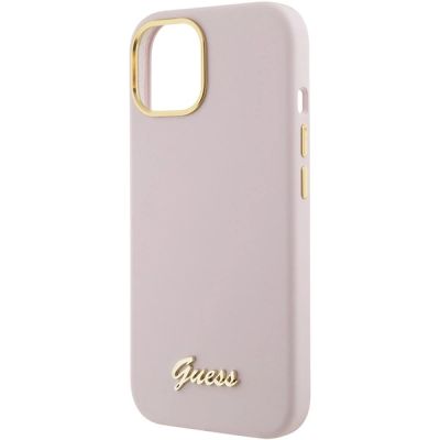 6. Etui Guess Silicone Script Metal Logo & Frame do iPhone 15 - różowe