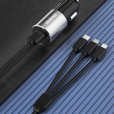 2. Dudao 3w1 ładowarka samochodowa USB 3,4 A wbudowany kabel Lightning / USB Typ C / micro USB czarny (R5ProN black)