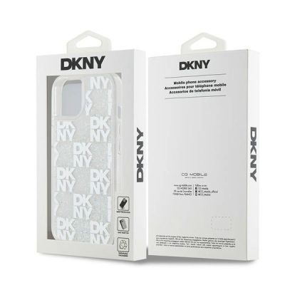 8. Etui DKNY Liquid Glitter Multilogo na iPhone 15 / 14 / 13 - białe