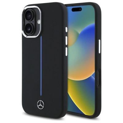 Etui Mercedes Silicone Blue Stripe MagSafe na iPhone 16 - czarne
