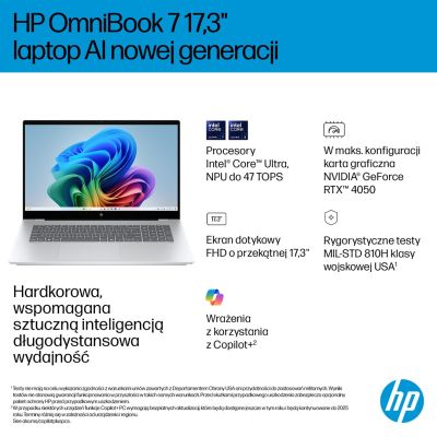 11. HP OmniBook 7 17-dc0219nw Ultra 5 226V 17.3"FHD Touch IPS 400nits Glare 16GB LPDDR5X SSD1TB Arc 130V Cam 5MP+IR 83Wh Win11 Ice Silver 2Y