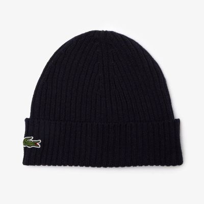 Czapka zimowa wełniana Lacoste Ribbed Wool Beanie Granatowa - RB0001-166