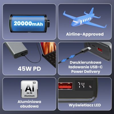 27. Extralink Powerbank EPB-126 20000mAh Srebrny Power bank, 45W PD, USB-C