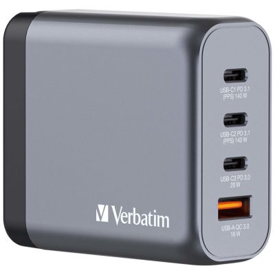 11. Verbatim GaN charger 140W, 1x USB-A, 3x USB-C