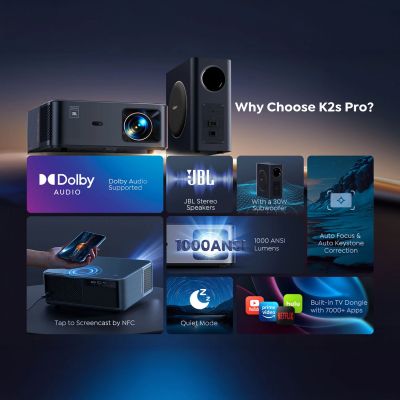 11. Projektor multimedialny Yaber K2s Pro LCD FullHD 1080p z głośnikami JBL i subwooferem - czarny