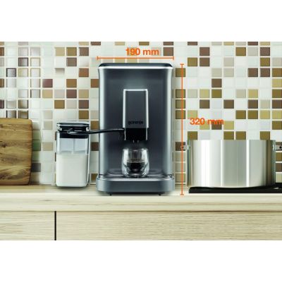 21. Gorenje Ekspres do kawy GFACM20S Ciśnienie pompy 20 bar, Odłączany spieniacz do mleka, Automatyczny, 1350 W, Stal nierdzewna