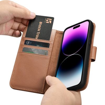 16. iCarer Wallet Case 2in1 etui iPhone 14 Pro skórzany pokrowiec z klapką Anti-RFID brązowy (WMI14220726-BN)