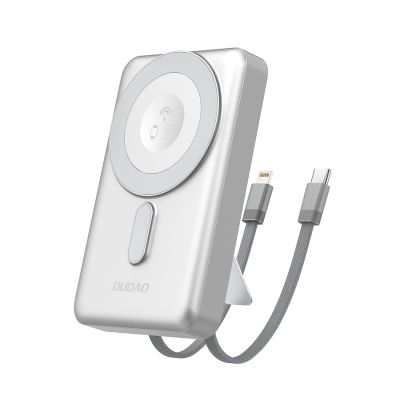 Powerbank Dudao K29 10000mAh PD 20W z MagSafe z metalową obudową, podstawką i wbudowanymi kablami USB-C/Lightning - srebrny