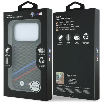 8. Etui BMW M Quadrille Kevlar Print Tricolor Lines & Metal Logo MagSafe na iPhone 18 Pro Max / 17 Pro Max - ciemnoszare