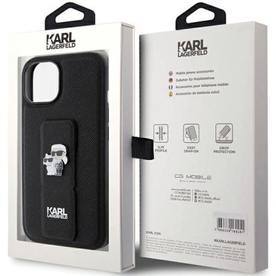 8. Etui Karl Lagerfeld Gripstand Saffiano Karl&Choupette Pins na iPhone 15 Plus / 14 Plus - czarne