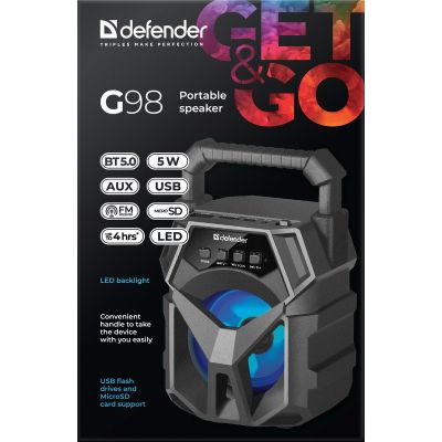 9. DEFENDER GŁOŚNIK G98 BLUETOOTH 5W BT/FM/TF/USB/AUX/LED 65098