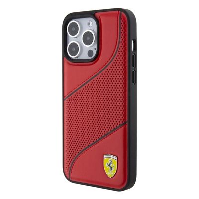 2. Etui Ferrari Perforated Waves Metal Logo na iPhone 15 Pro - czerwone