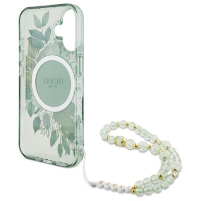 6. Etui Guess IML Flowers With Pearl Strap MagSafe na iPhone 16 Plus - zielone
