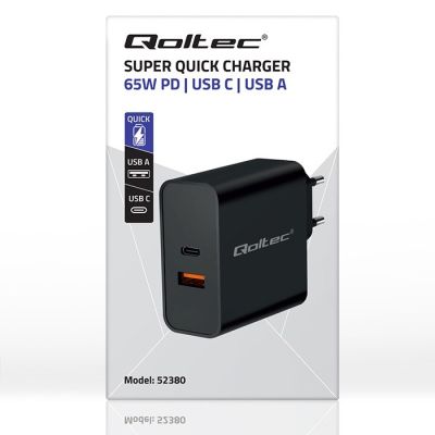 8. QOLTEC ŁADOWARKA SUPER QUICK PD | 1XUSB-C | 1XUSB | 65W | 5-20V | 1.5-3.25A | CZARNA