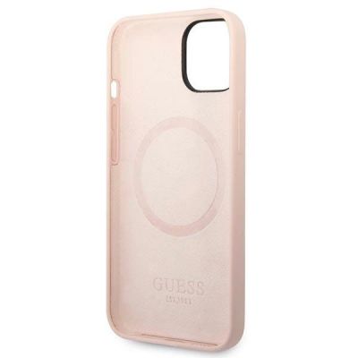 7. Etui Guess Silicone Logo Plate MagSafe na iPhone 14 Plus - różowe