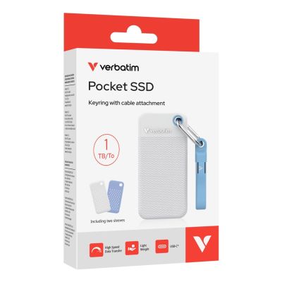 5. SSD 1TB Verbatim Pocket z dwoma pokrowcami, białym i jasnoniebieskim