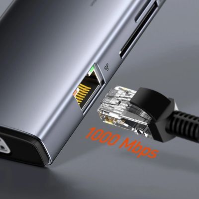 23. Baseus Metal Gleam 11w1 wielofunkcyjny HUB USB Typ C - 3x USB 3.2 Gen 1 5Gbps / USB Typ C PD 100W / 3,5 mm mini jack AUX / VGA Full HD 60Hz / 2x HDMI 4K 30Hz / czytnik kart TF i SD / RJ45 1Gbps szary (CAHUB-CT0G)