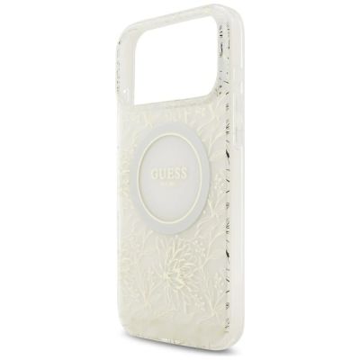 6. Etui Guess IML Flowers Allover Electroplated with Pearl Strap MagSafe na iPhone 18 Pro Max / 17 Pro Max - białe