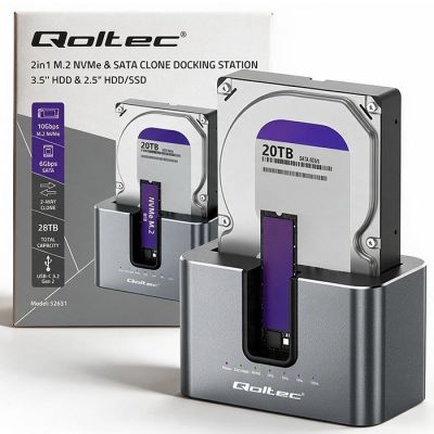 10. Qoltec 52631 Stacja dokująca HDD SSD | SATA | M.2 NVMe | Klonowanie | USB-C | 10Gb/s | 28TB