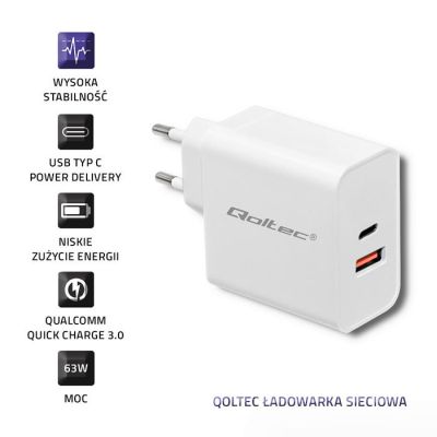 3. QOLTEC ŁADOWARKA SIECIOWA 63W | 5-20V | 1.5-3A | USB TYP C PD | USB QC 3.0 | BIAŁA