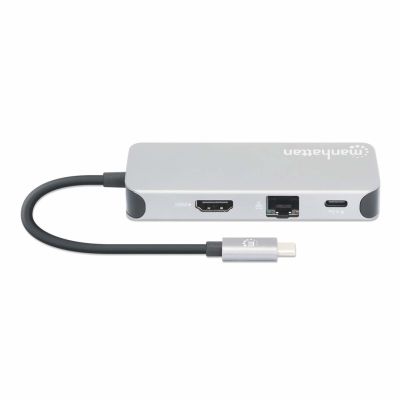6. Stacja dokująca MANHATTAN USB-C 8 w 1 z zasilaniem USB 3.2 Gen 1 Type-C męski na żeński HDMI, trzy porty USB-A, gigabitowy port RJ45, port USB-C Power Delivery, czytnik kart SD/MicroSD, aluminium, gwiezdna szarość (13061)