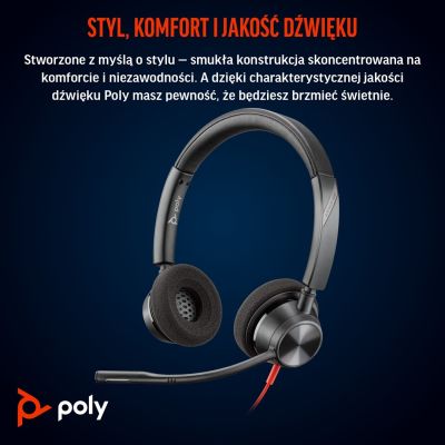 77. Słuchawki Poly Blackwire 3320 Stereo MS Teams Certified USB-C Headset +USB-C/A Adapter 8X220AA