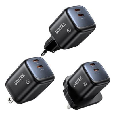 4. UNITEK ŁADOW. SIECIOWA 2X GAN 45W, 2XUSB-C PD 3.0, QC, CZARNA