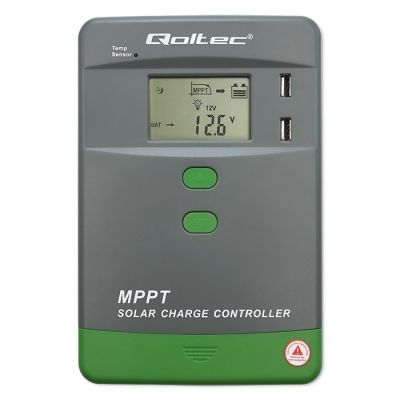 9. Solarny regulator ładowania MPPT Qoltec 53662 z czujnikiem temperatury 30A 12V/24V LCD 2xUSB Bluetooth APP GEL LiFePO4
