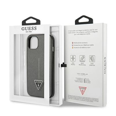 8. Etui Guess Saffiano Triangle Logo na iPhone 14 - srebrne