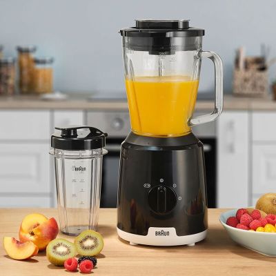 3. Mikser stojący Braun JB1051BK Household PowerBlend 1 ze szklaną nasadką blendera 1,5 l z kubkiem na wynos, gadżety kuchenne do kruszenia, przecierania i mieszania, funkcja kruszenia lodu, 2 prędkości