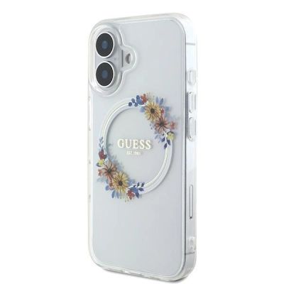 2. Etui Guess IML Flowers Wreath MagSafe na iPhone 16 - przezroczyste